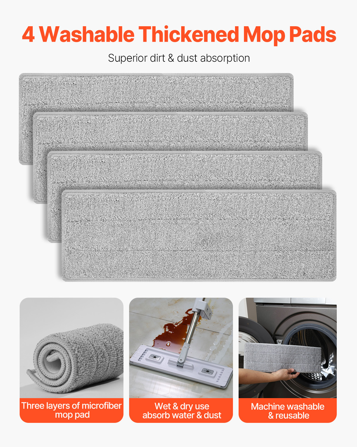 VEVOR Microfiber Flat Mop with 4 Mop Pads Flat Mop for Dry and Wet Floor