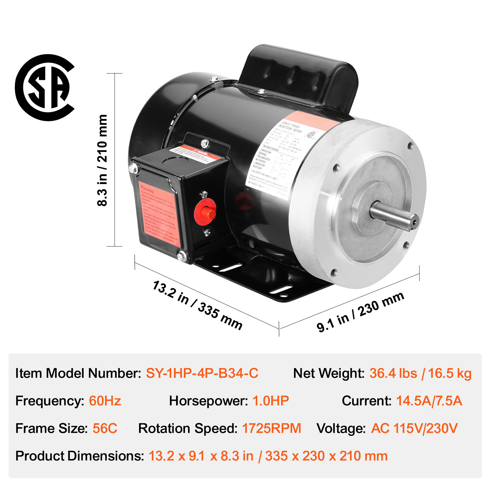 1HP Electric Motor 1725RPM AC115V/230V 56C Frame 1-Phase 5/8″ Keyed Shaft
