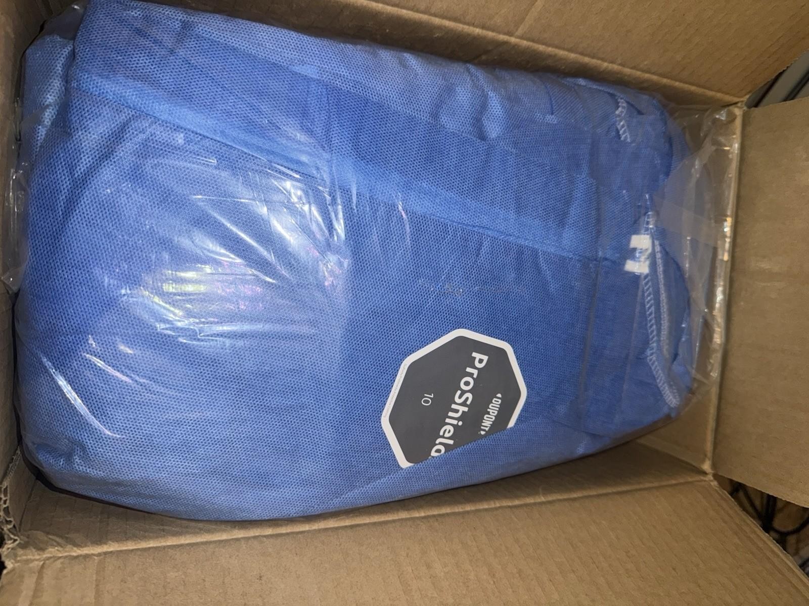 BOX of 25 DuPont ProShield 10 Blue Coveralls w/Hood Size Small PB127SBUMD002500