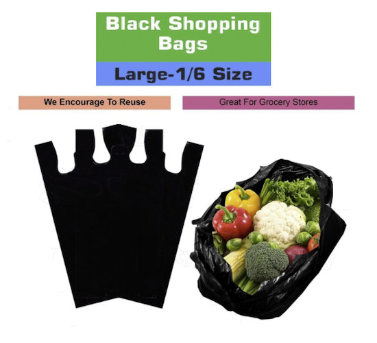 1/6 Black Plastic Shopping Bags, Grocery Bags 11x6x21 Reusable Carry Out Bags