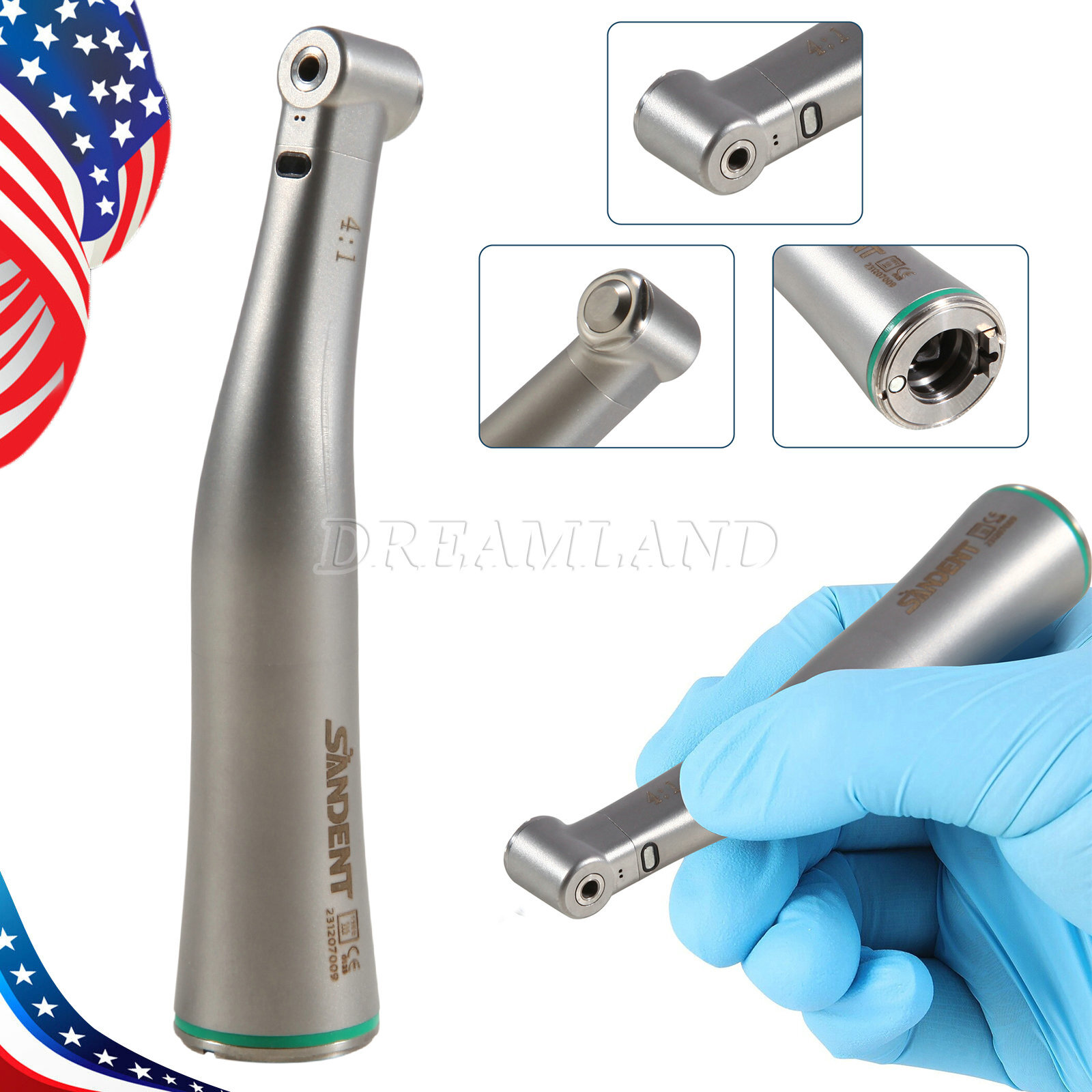 Dental 4:1 LED Fiber Optic Contra Angle Handpiece Quattro Spray Internal Channel