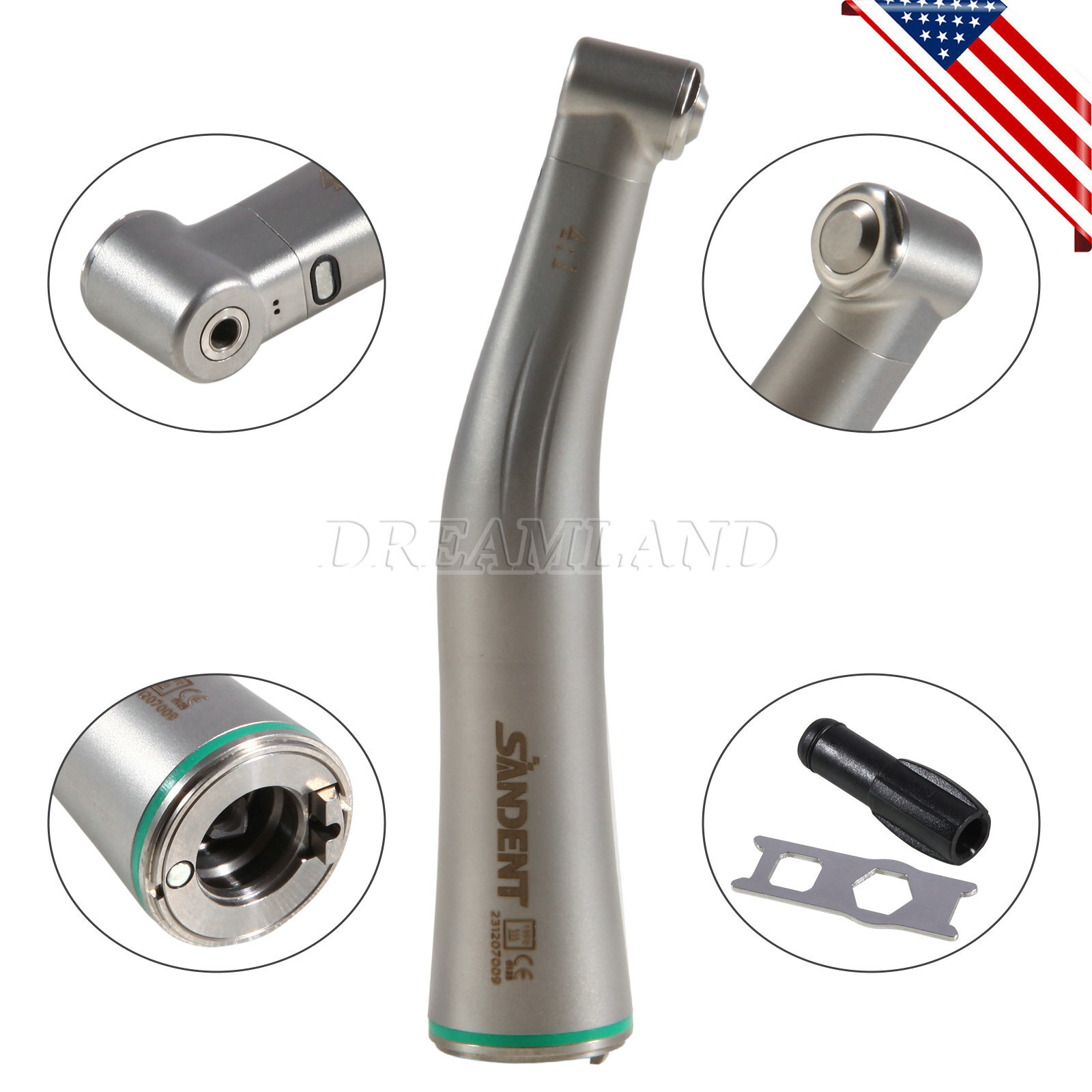 Dental 4:1 LED Fiber Optic Contra Angle Handpiece Quattro Spray Internal Channel