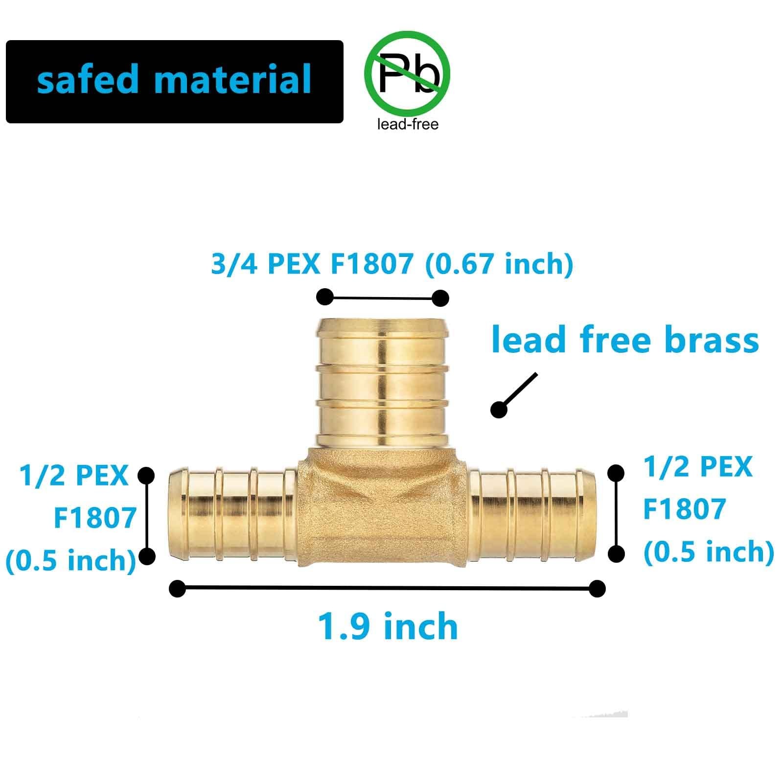 10 Pack Brass PEX Reducing Tee 1/2″ to 3/4″ PEX F1807 Tee Fitting