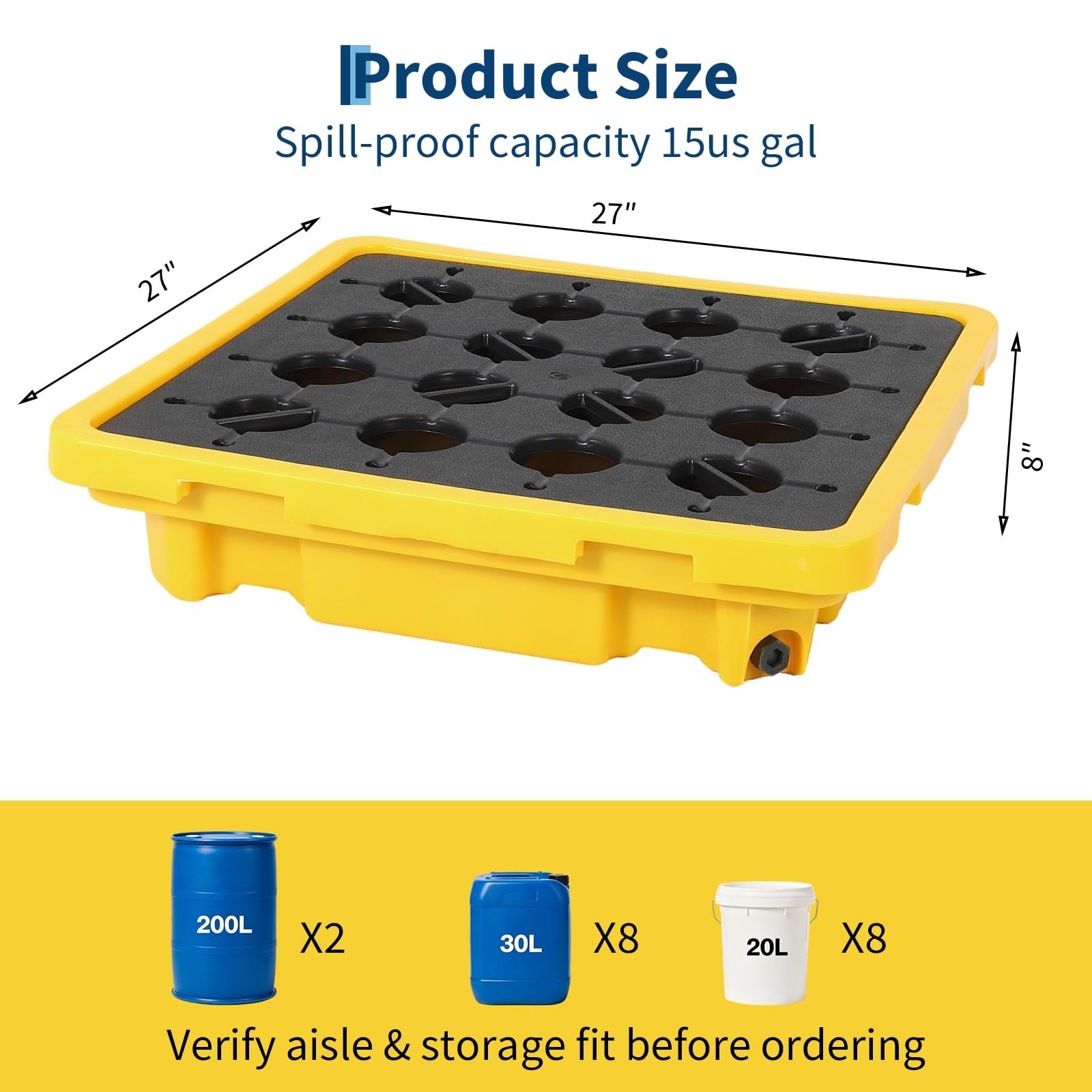 Heavy Duty Spill Containment Pallet 2-Pack Leakproof Detachable Tray Drum Yellow