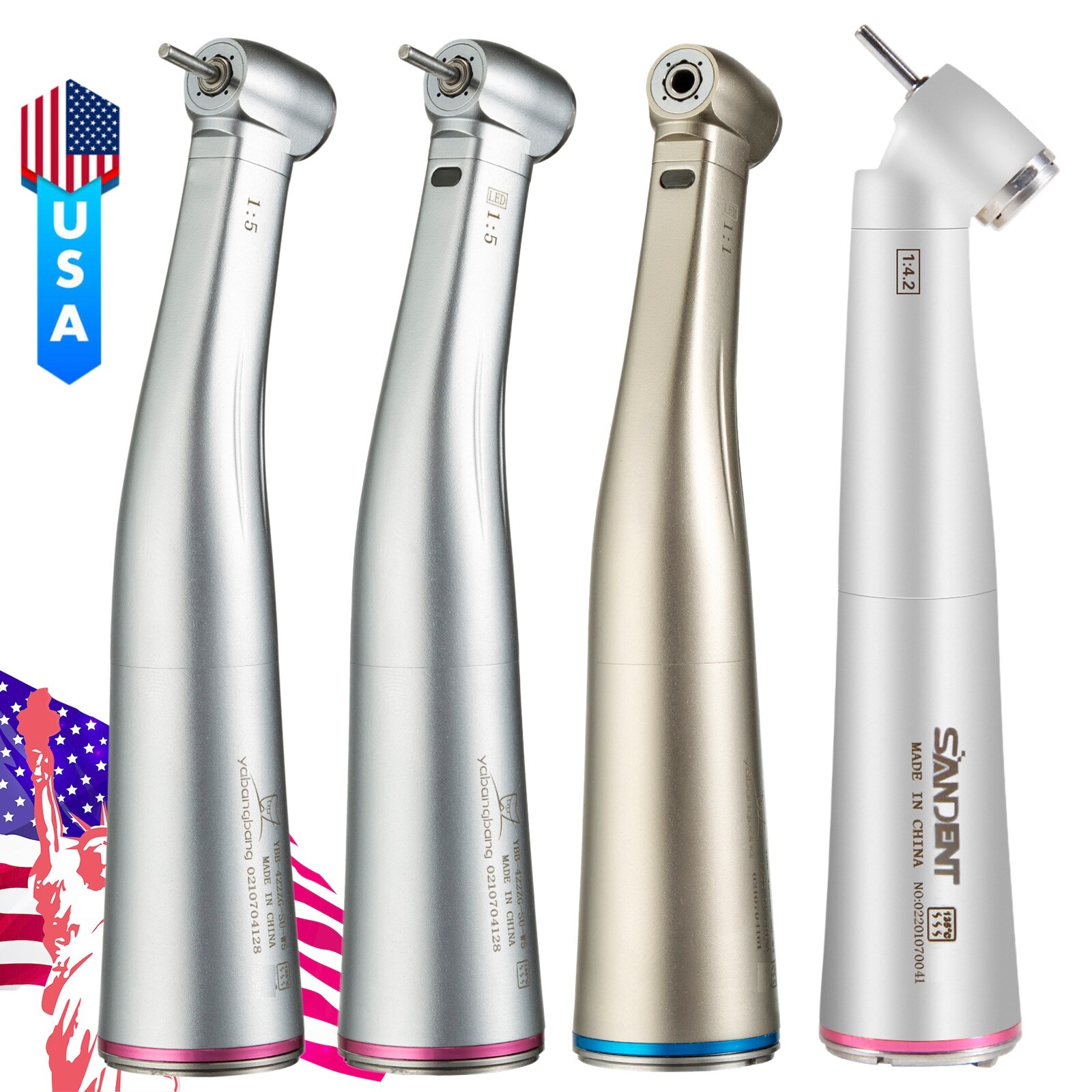 Dental 1:1 /1:4.2/1:5 LED Fiber Optic Contra Angle Handpeice Push Button Fit NSK