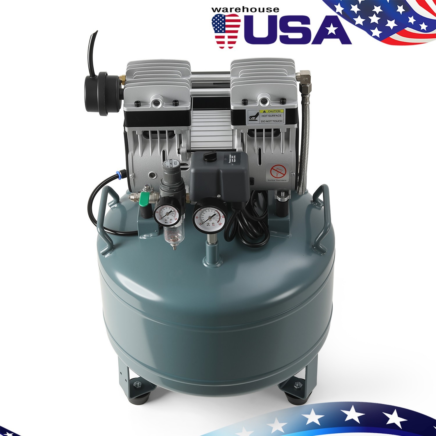 Dual Gauge Oil-Free Dental Air Compressor 40L/24L 155L/min Tank 58dB Low Noise