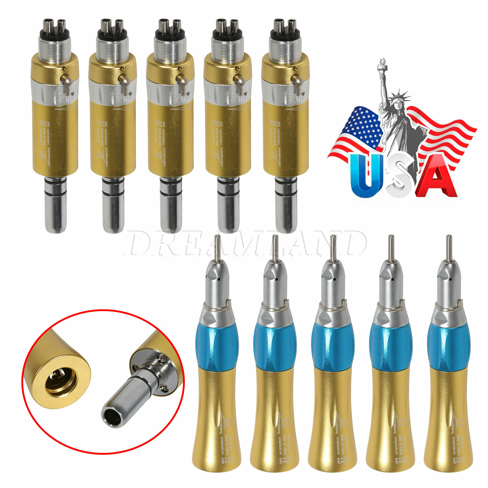 1-5* Gold Dental Straight Handpiece & Air Motor 4-Hole fit NSK Low Speed E-type