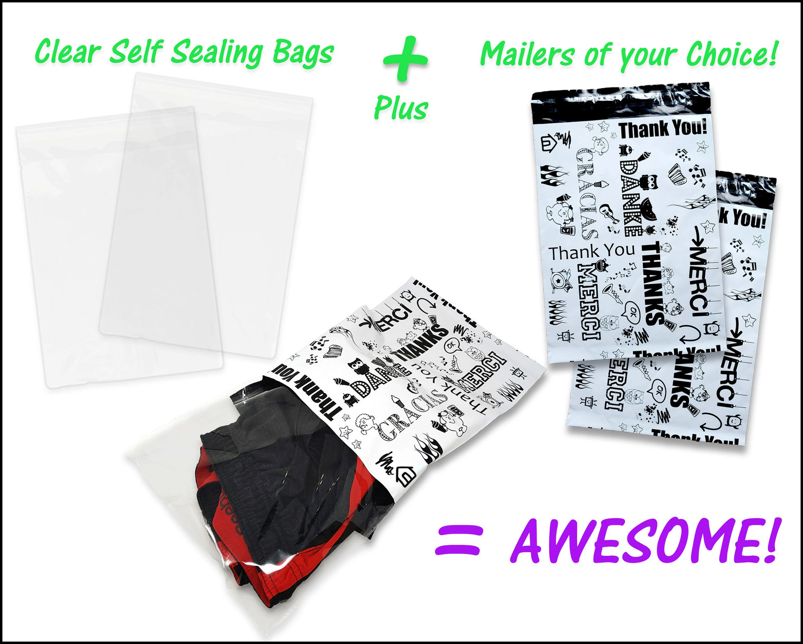 50 Pack, 25 Each 10×13″ Poly Mailers & Transparant plastic apparel Mailing bags