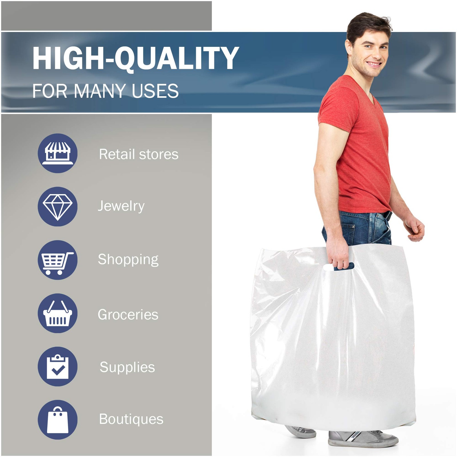 Plastic Merchandise Bags 26×26 White Glossy 50 Pack 3 Mil Handles PPB Finish