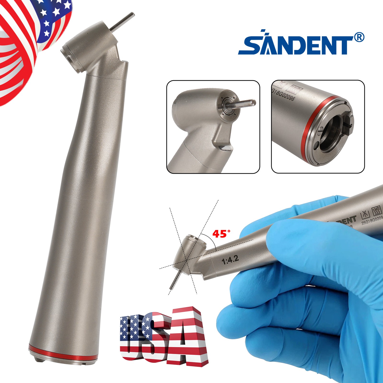 Dental LED Handpiece 1:4.2 Contra Angle 45° LED Fiber Optic Turbine Inner UPS