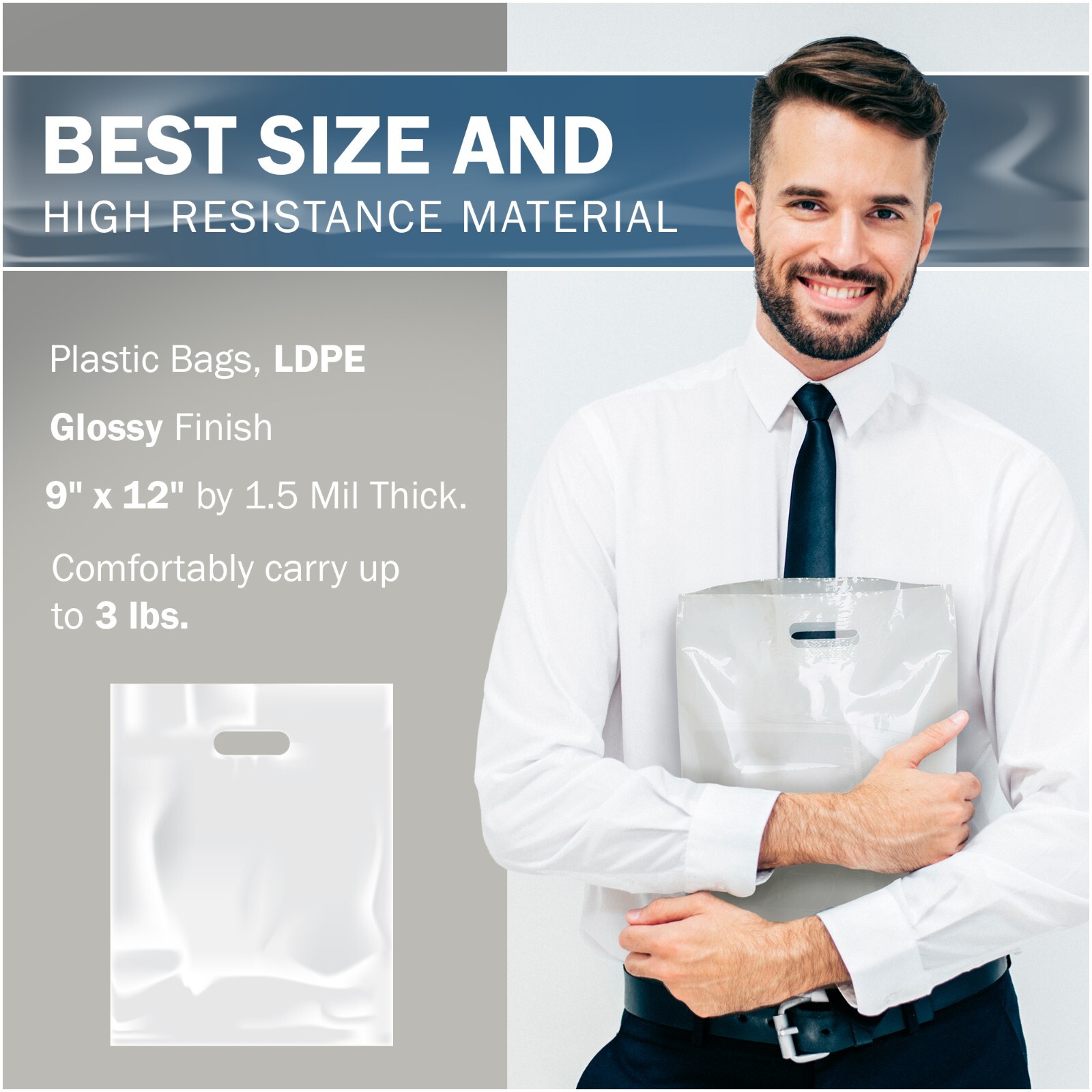 White Merchandise Plastic Shopping Bags – 100 Pack 9″ x 12″ with 1.5 mil Thick