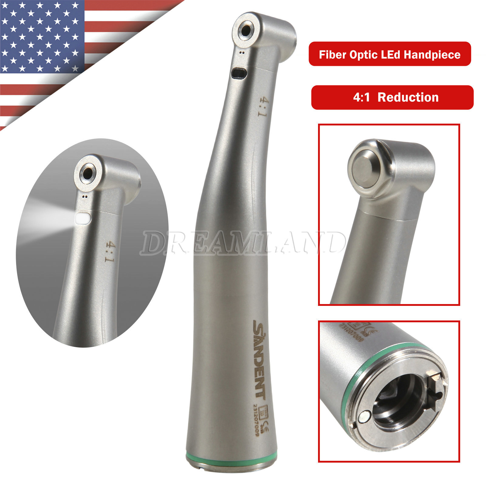 Dental 4:1 LED Fiber Optic Contra Angle Handpiece Quattro Spray Internal Channel
