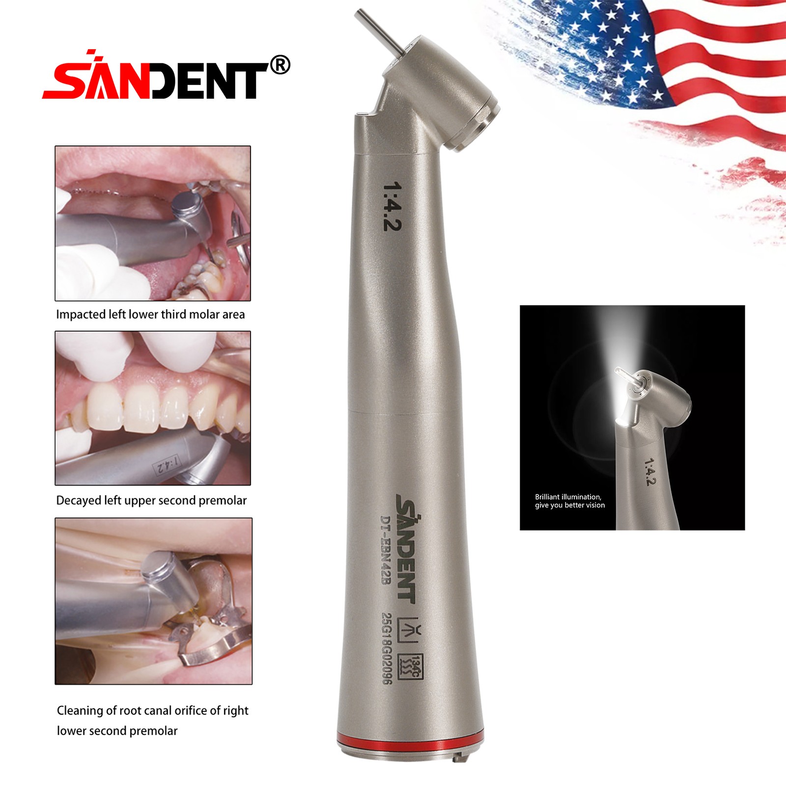 Dental Optic Fiber 1:4.2 Increasing Handpiece 45°Angle Fit FG 1.6mm burs For NSK