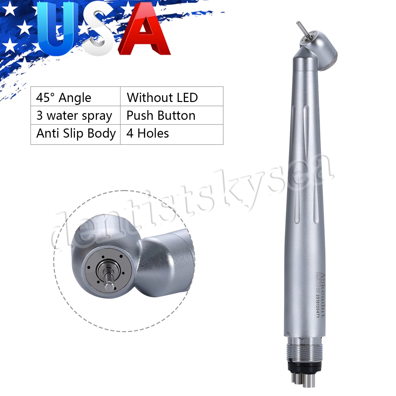 Dental Surgical 45° High Speed Handpiece Push Button Single Water Spray 4HOLE