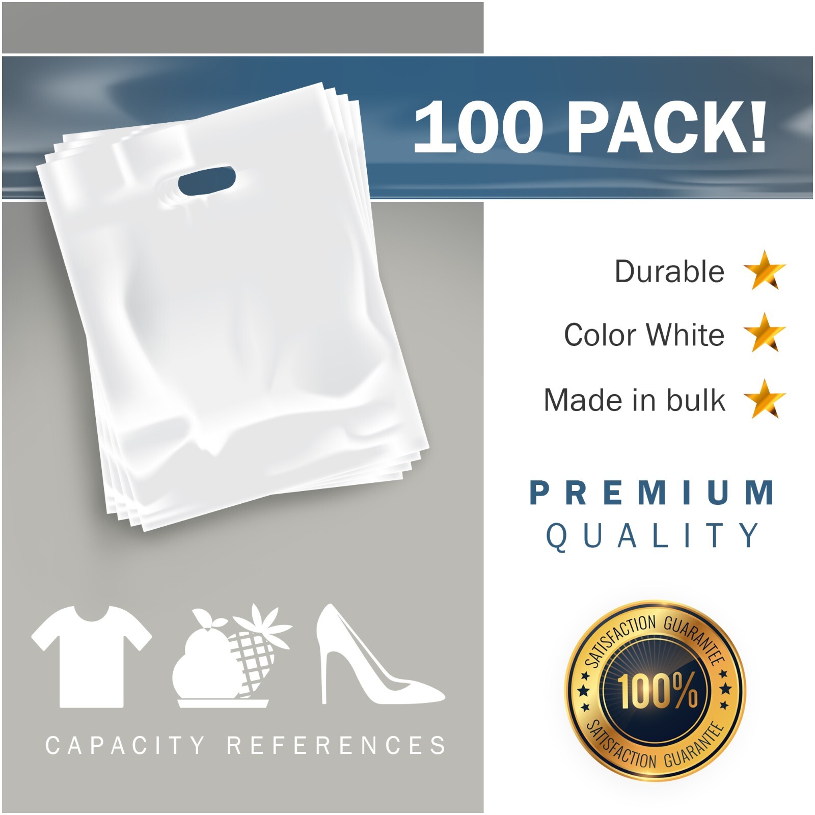 100 Pack 12″ x 15″with 1.5 mil Thick – White Merchandise Plastic Shopping Bags