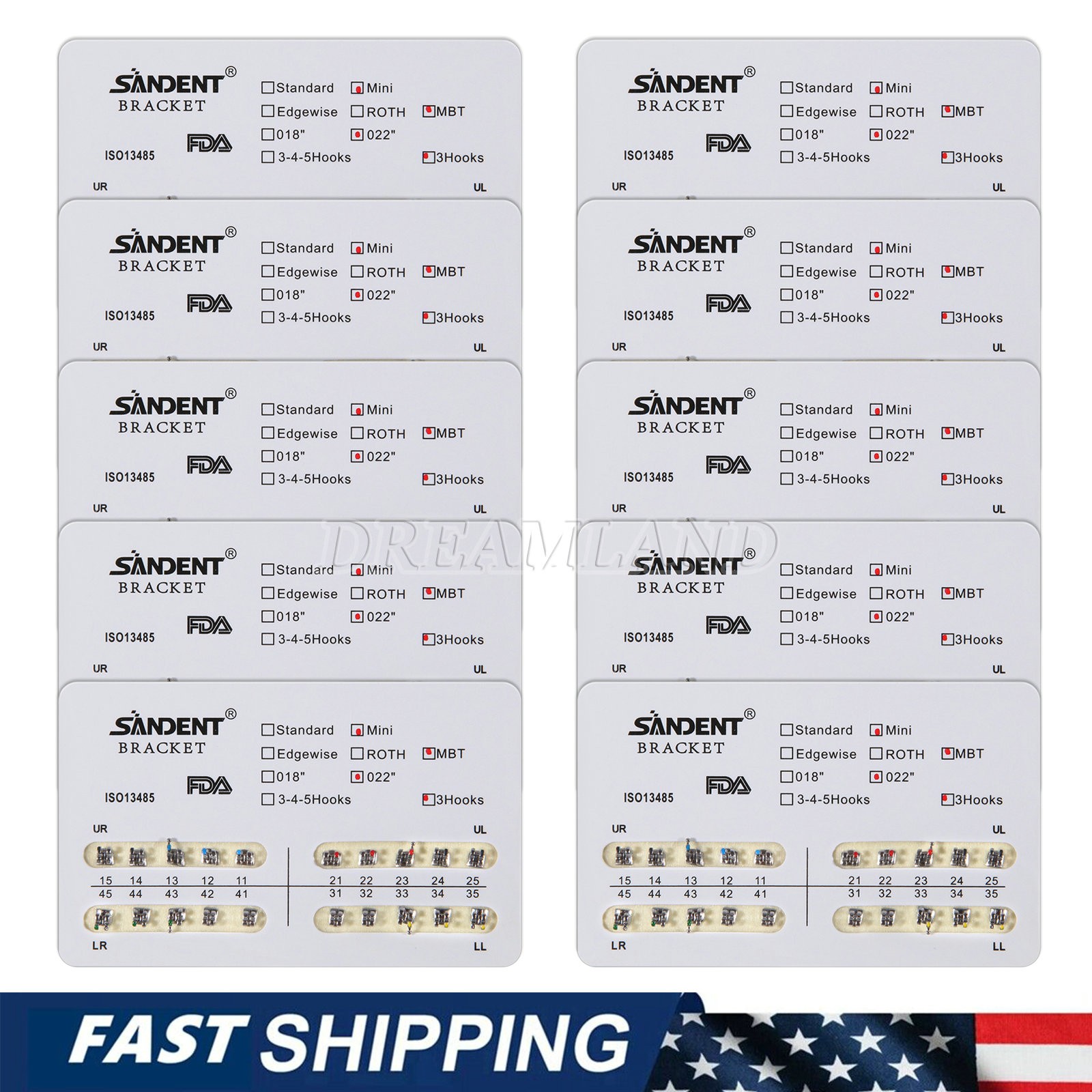 10kits SANDENT Dental Brackets Braces Orthodontic Mini MBT0.022″ Hooks 3-