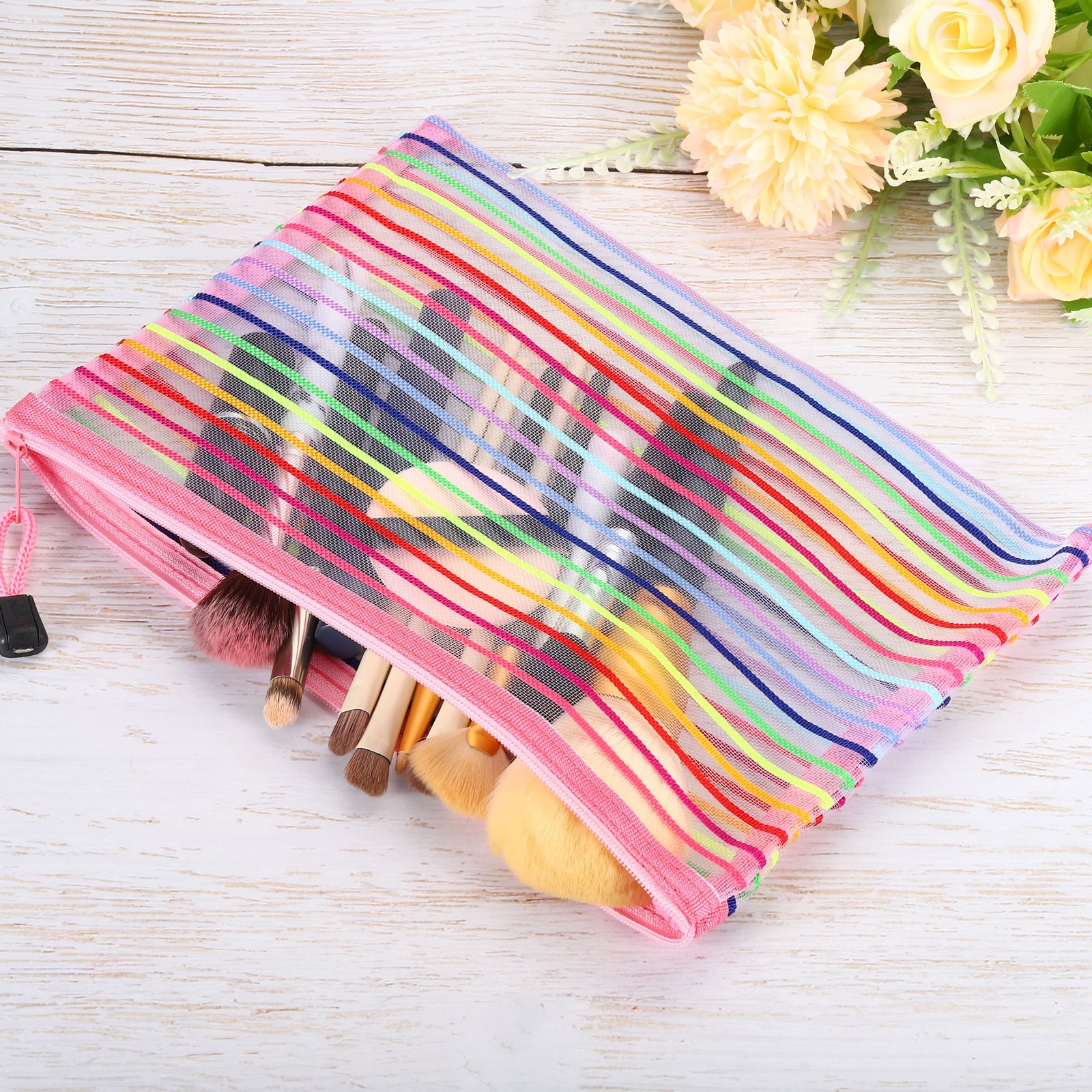 12Pcs Mesh Zipper Pouch, A5 Document Makeup Zipper Bag Travel Pouch, Pink