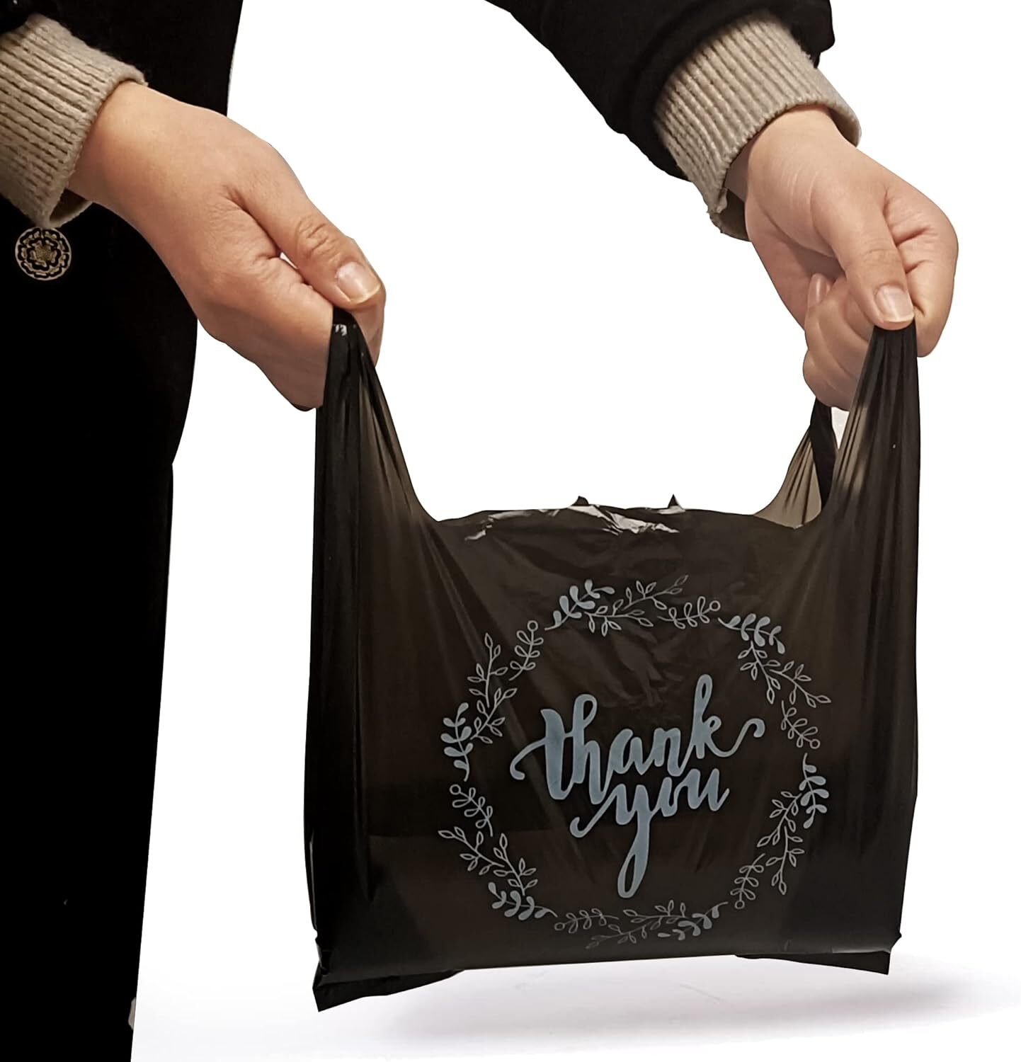 100PCS Black Thank You Bags for T-Shirt Grocery Merchandise Shopping Bags