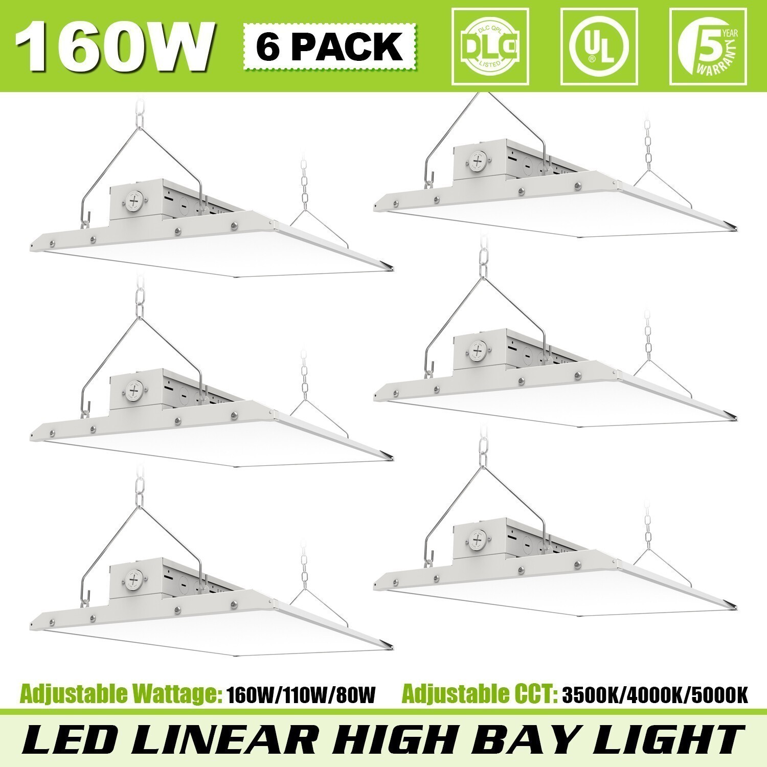 6Pack 160W LED Linear High Bay Shop Light UL Listed Adjustable 3500K/4000K/5000K