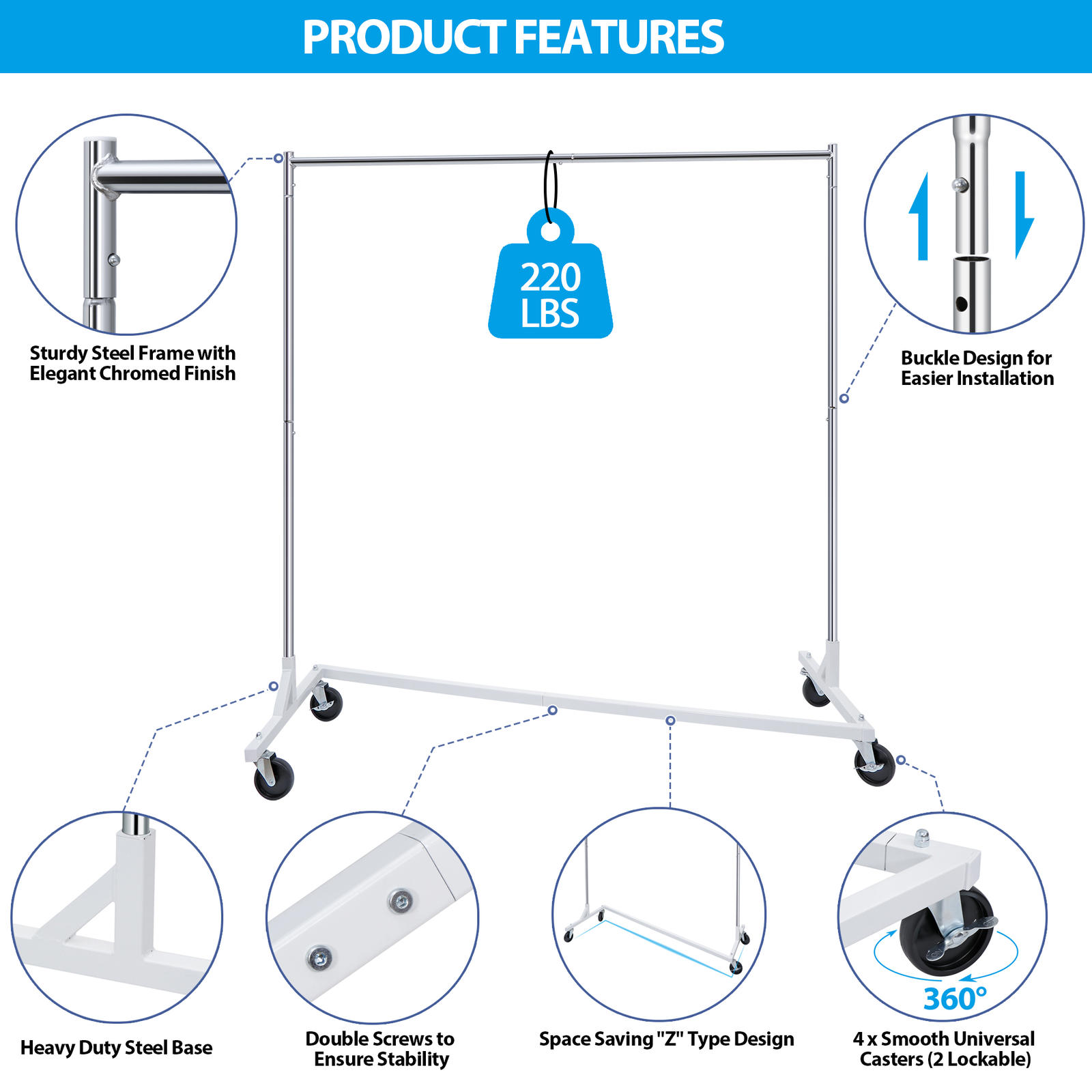Stable Z-Base Garment Rack Rolling Clothing Rack Chrome Collapsible W/Casters