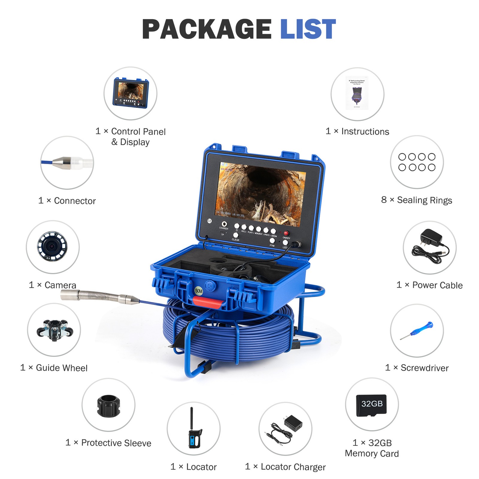 9 In Self-Leveling Sewer Camera 50m/164ft Pipe Inspection Camera w 512Hz Locator