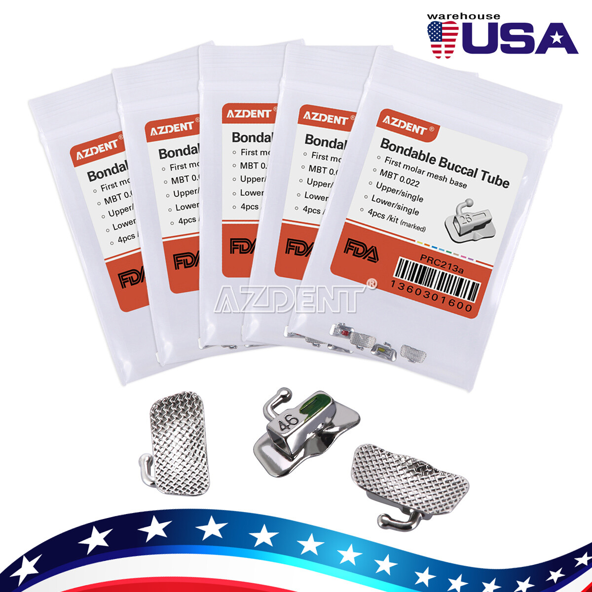 AZDENT Dental Orthodontic Bondable Buccal Tubes MBT Roth 022 1st Molar Non-Conv
