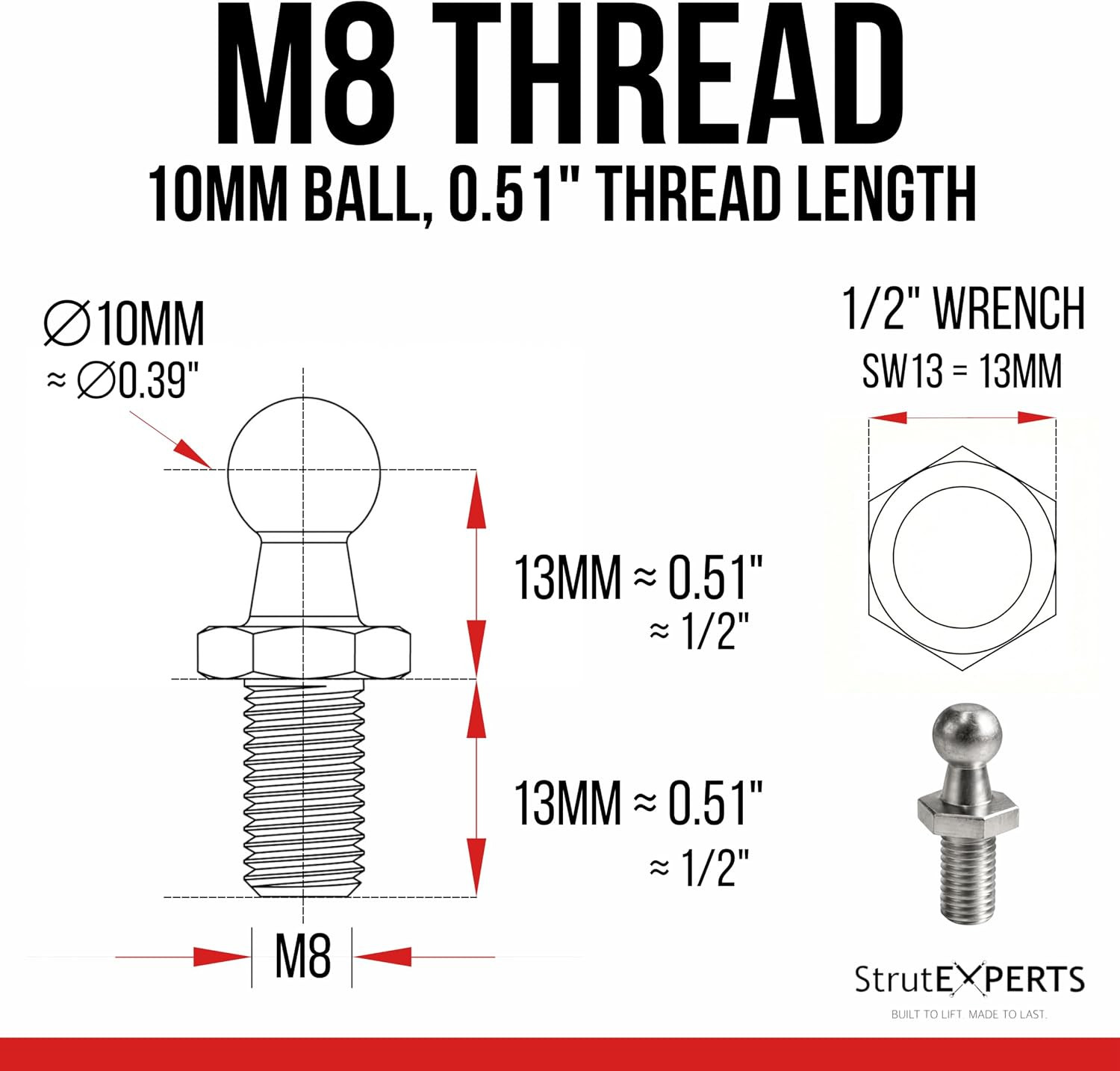 M8 Ball Stud 10mm (3/8″) for Lift Supports – Gas Strut End Fitting, 1/2″ Thread