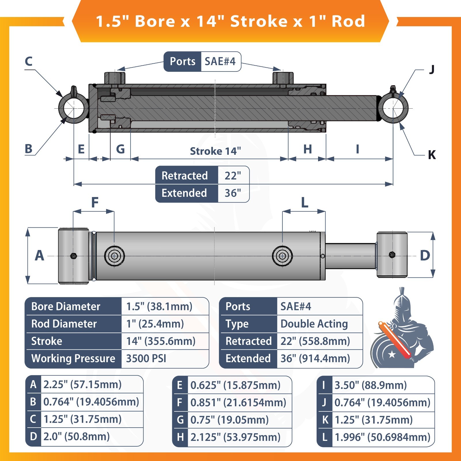 1.5×14 Hydraulic Cylinder-1.5″ Bore, 14″ Stroke -Welded Cross Tube Cylinder(new)