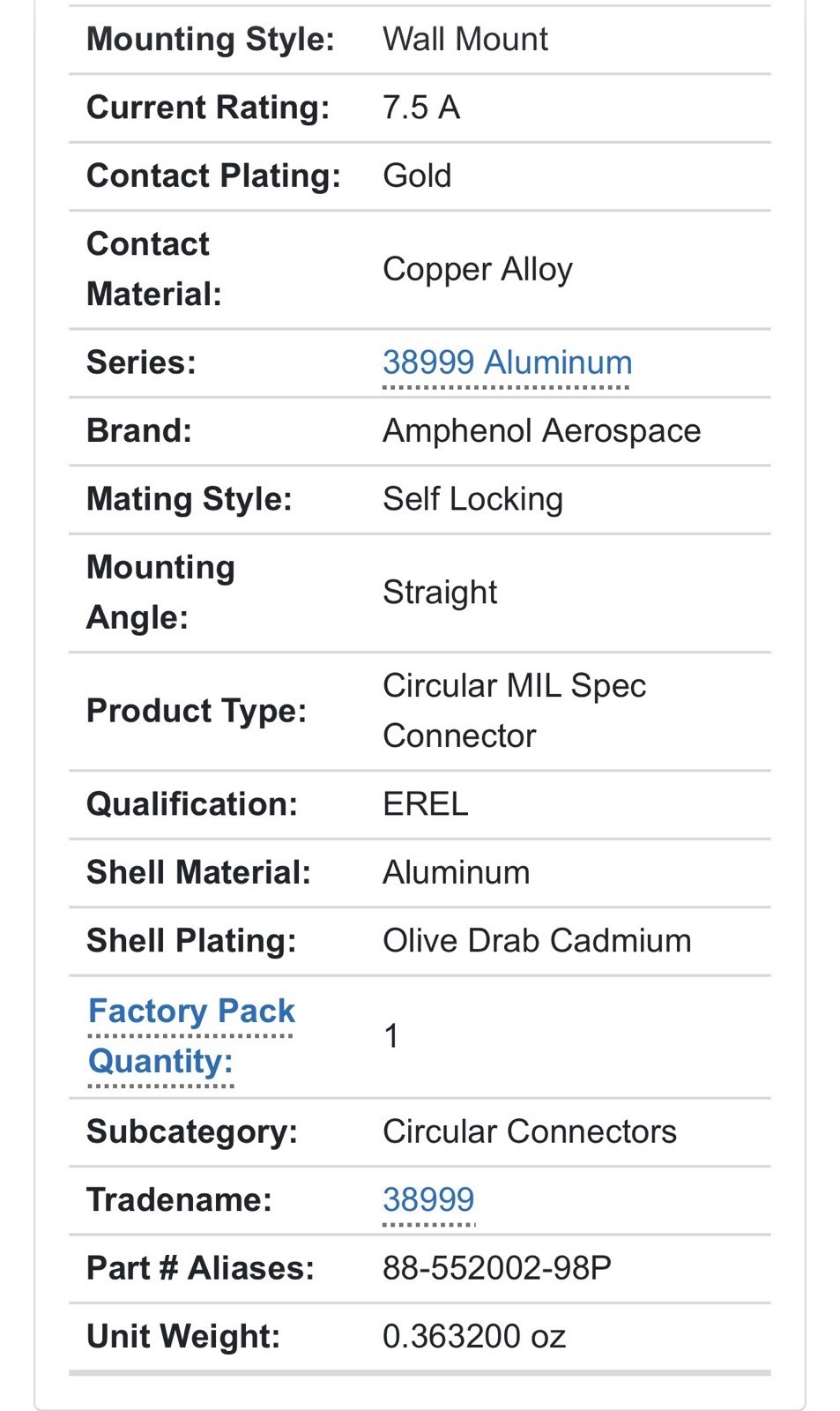 Amphenol 6 PIN POWER CONNECTOR KIT D38999/20WB98PN