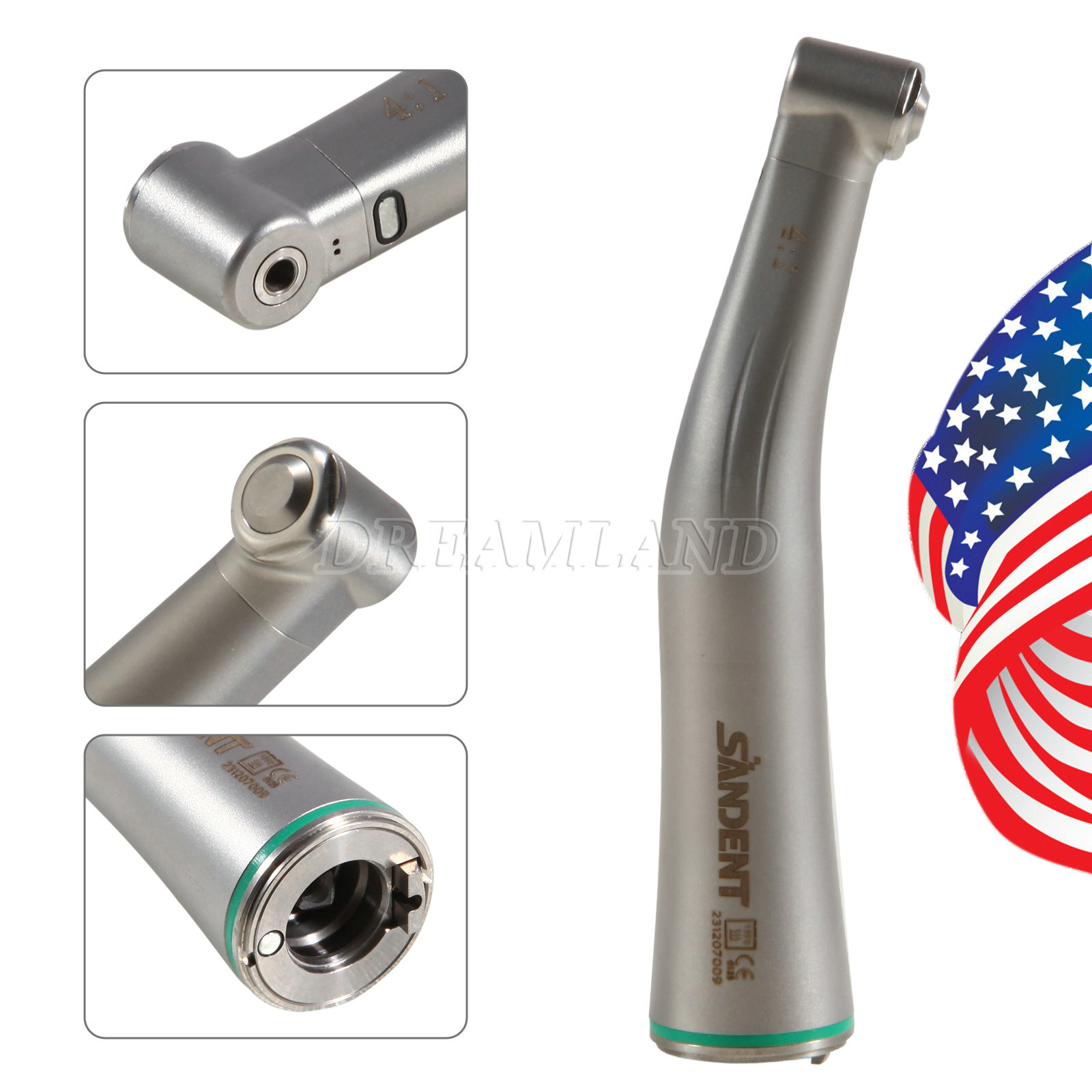 Dental 4:1 LED Fiber Optic Contra Angle Handpiece Quattro Spray Internal Channel