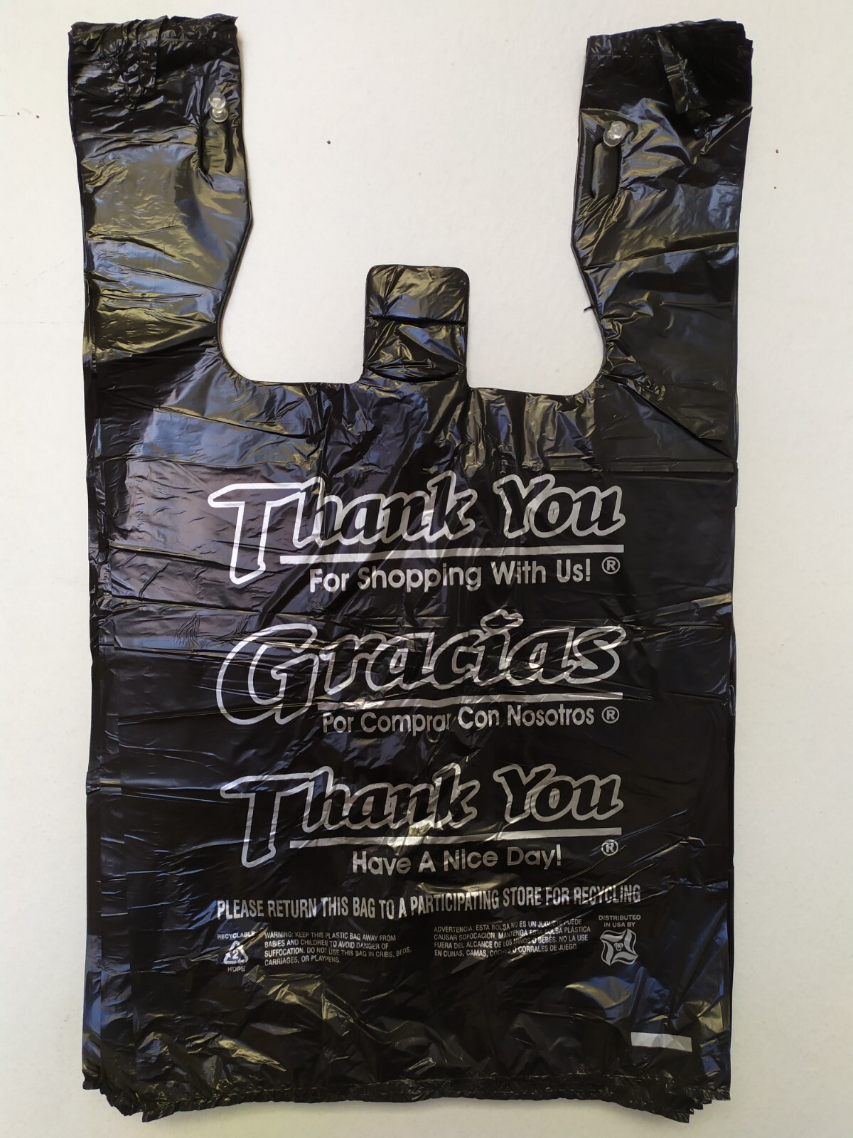 1/6 Large 21×6.5 x11.5 BLACK Thank You T-Shirt Plastic Grocery Shopping Bags 100