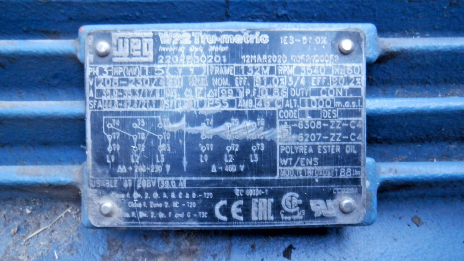 Weg 15 hp electric motor 208-230 / 460 Volts 3540 RPM