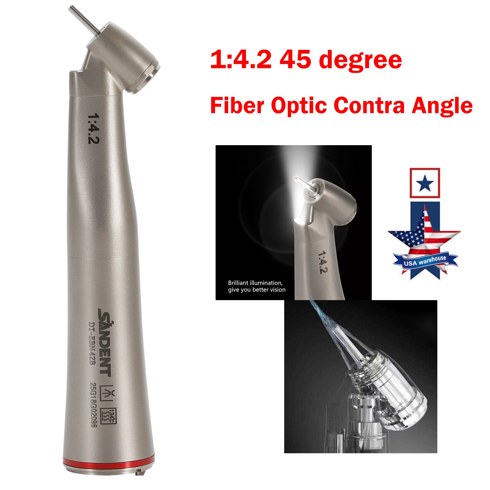 Dental LED Handpiece 1:4.2 Contra Angle 45° LED Fiber Optic Turbine Inner UPS