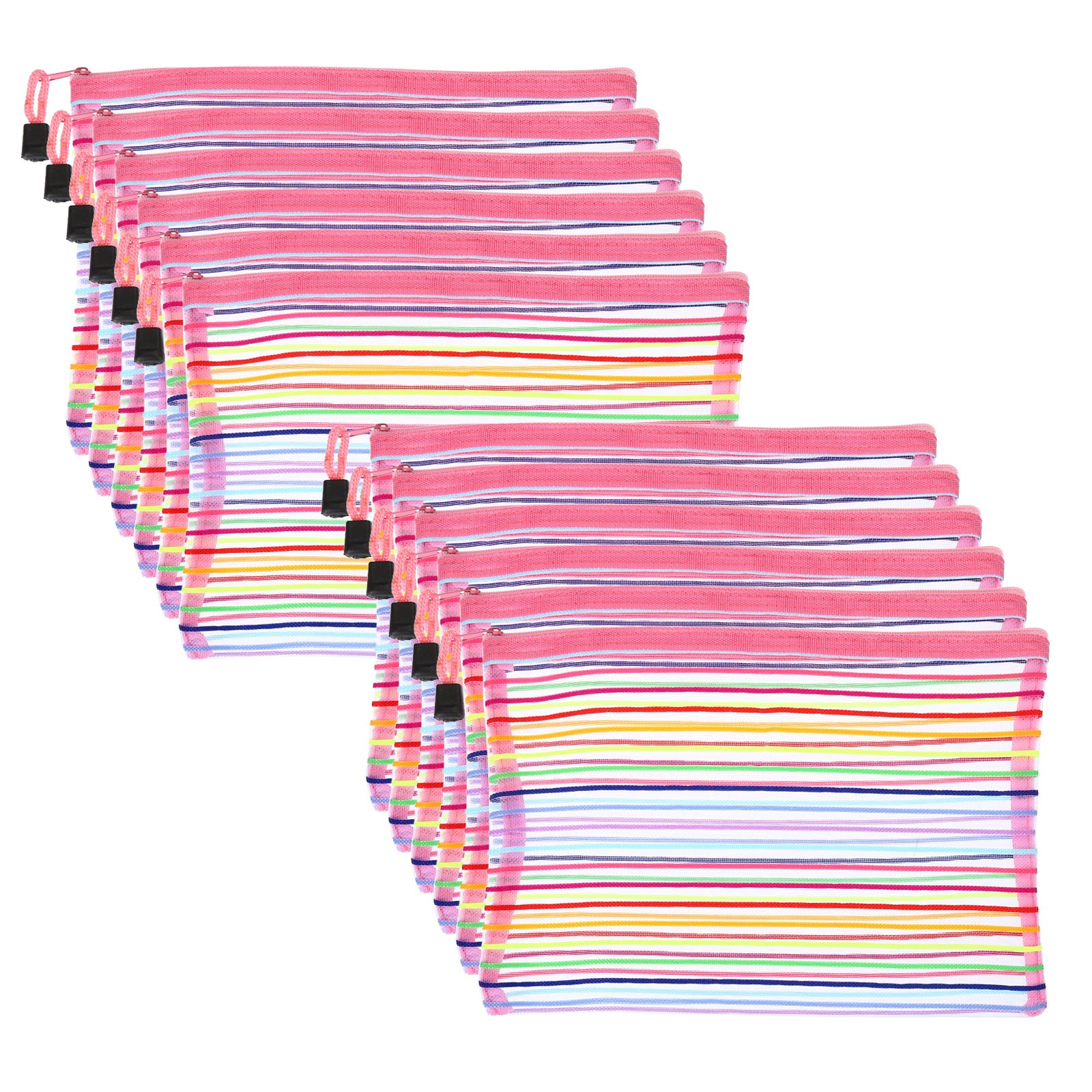 12Pcs Mesh Zipper Pouch, A5 Document Makeup Zipper Bag Travel Pouch, Pink