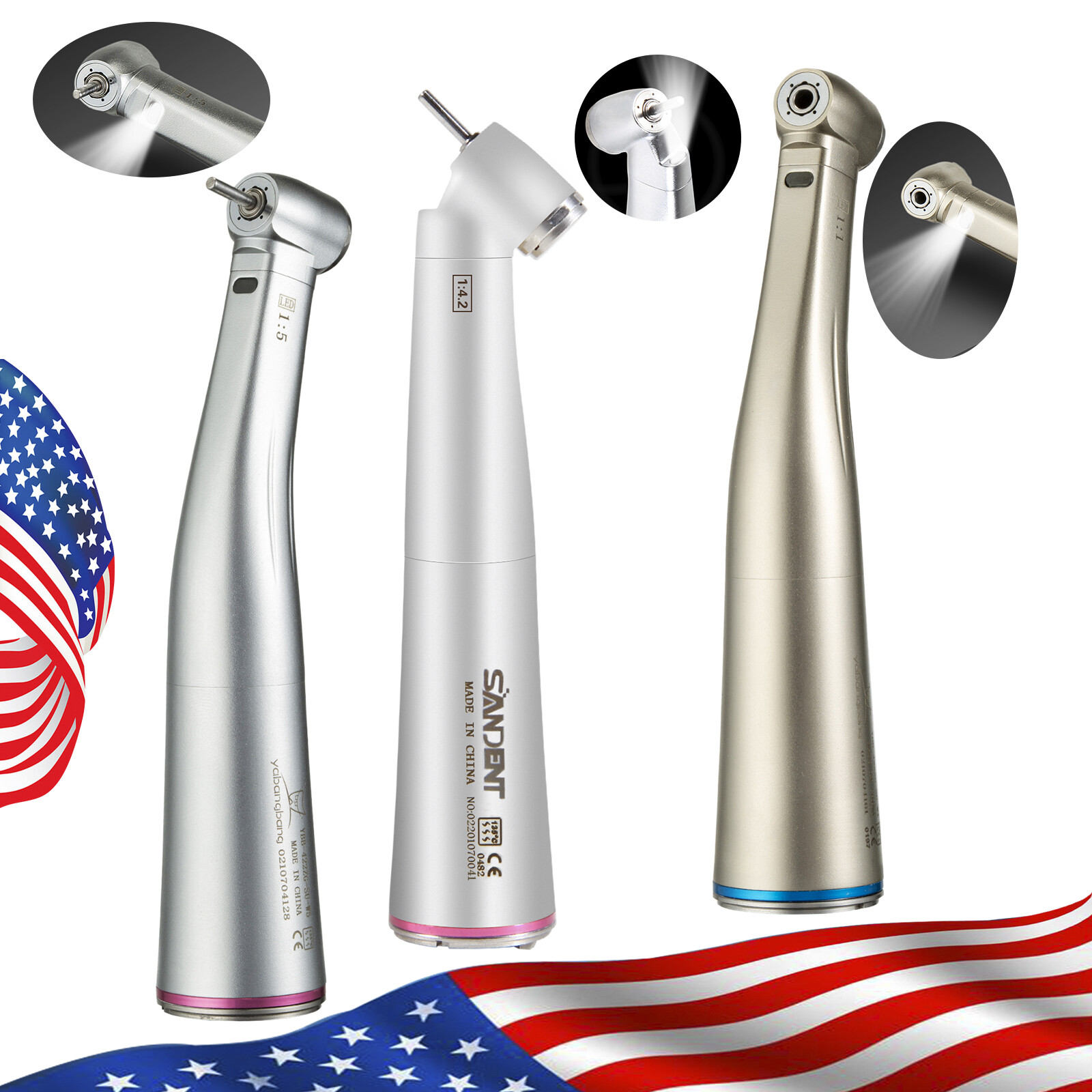 NSK Style Dental 1:1 1:4.2 1:5 fibra óptica LED Contra ángulo Pieza de mano USA