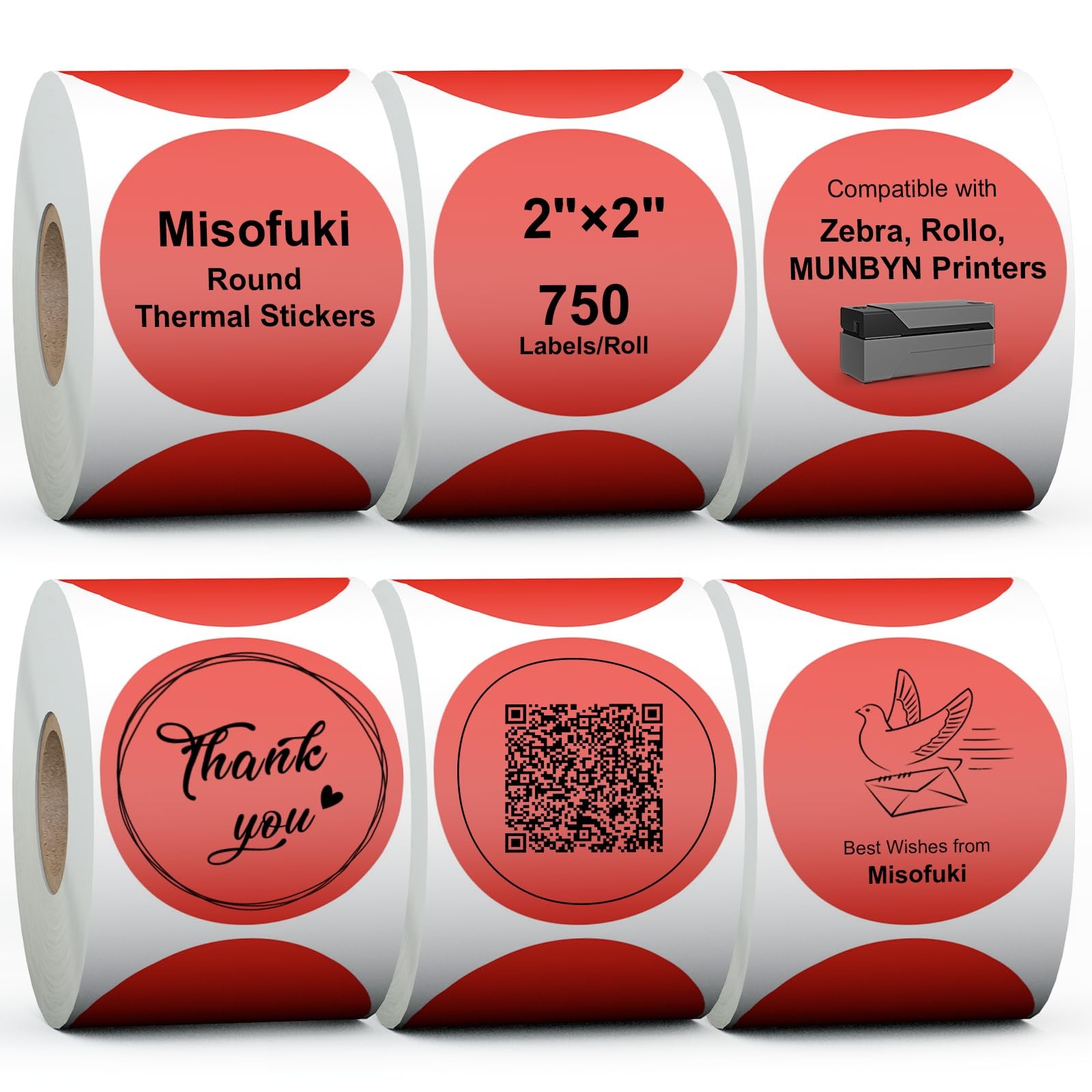 2″ 6 Rolls 4500 Labels Red Circle Direct Thermal Stickers Labels Rolls Compat…