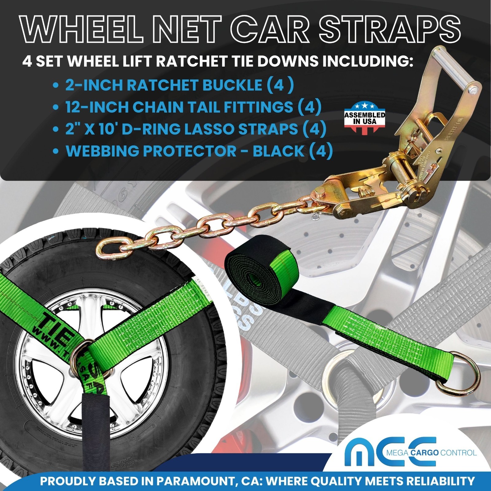 16 Pcs 2″ x 10′ Ratchet Wheel Lift Lasso Strap w/ Chain Extension For Tow Truck