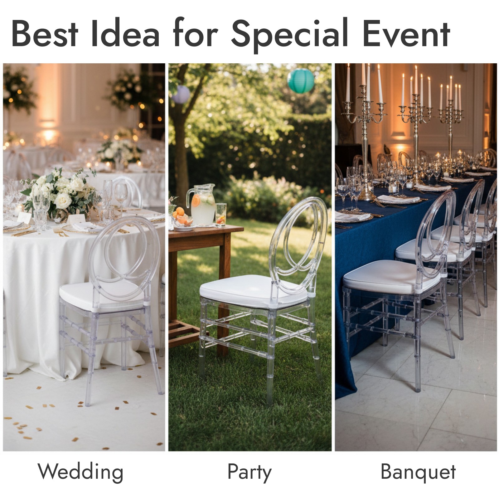 Set of 3 Crystal Clear Acrylic Chiavari Wedding Chairs with Cushions for Event