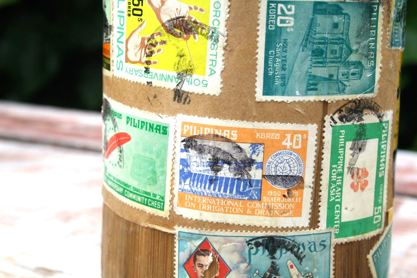 Vintage Mailing Tube Bamboo Coconut Pilipinas Philippines w/Stamps