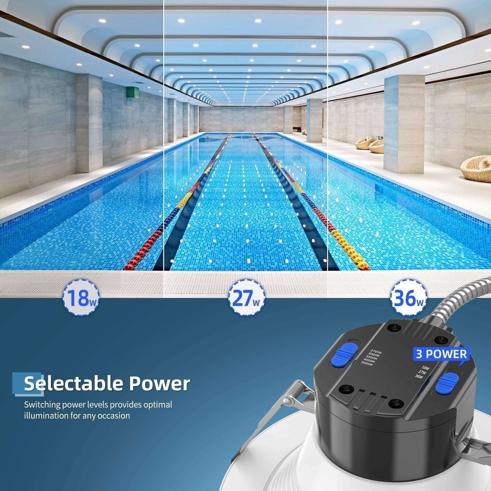 8 Inch LED Commercial Downlight,36W Recessed Ceiling Light Power &CCT Adjustable