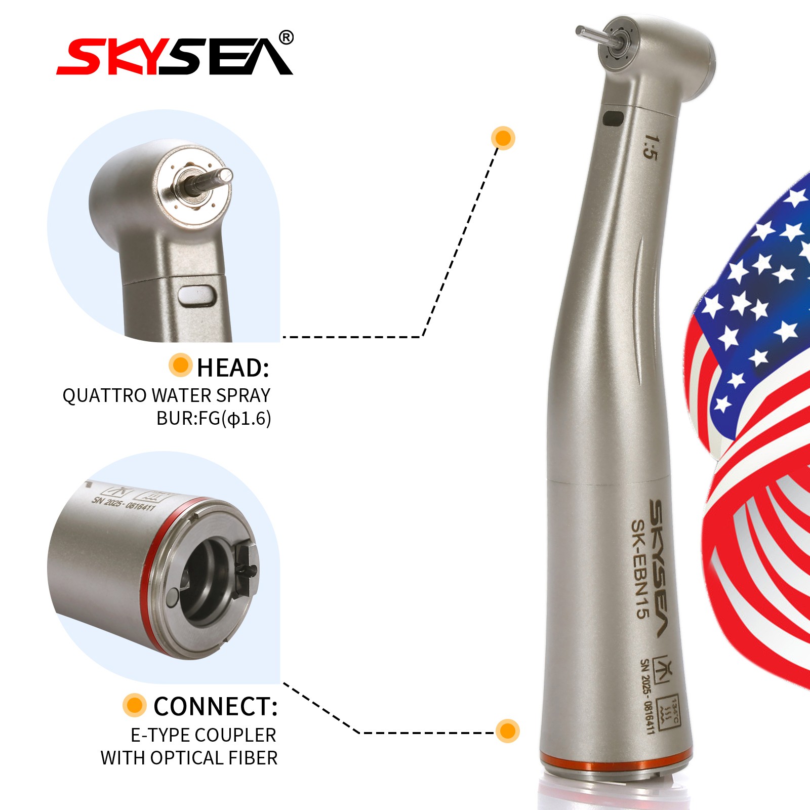 NSK Style Dental 1:5 Optic LED Contra Angle Increasing Handpiece Fit FG Bur SK
