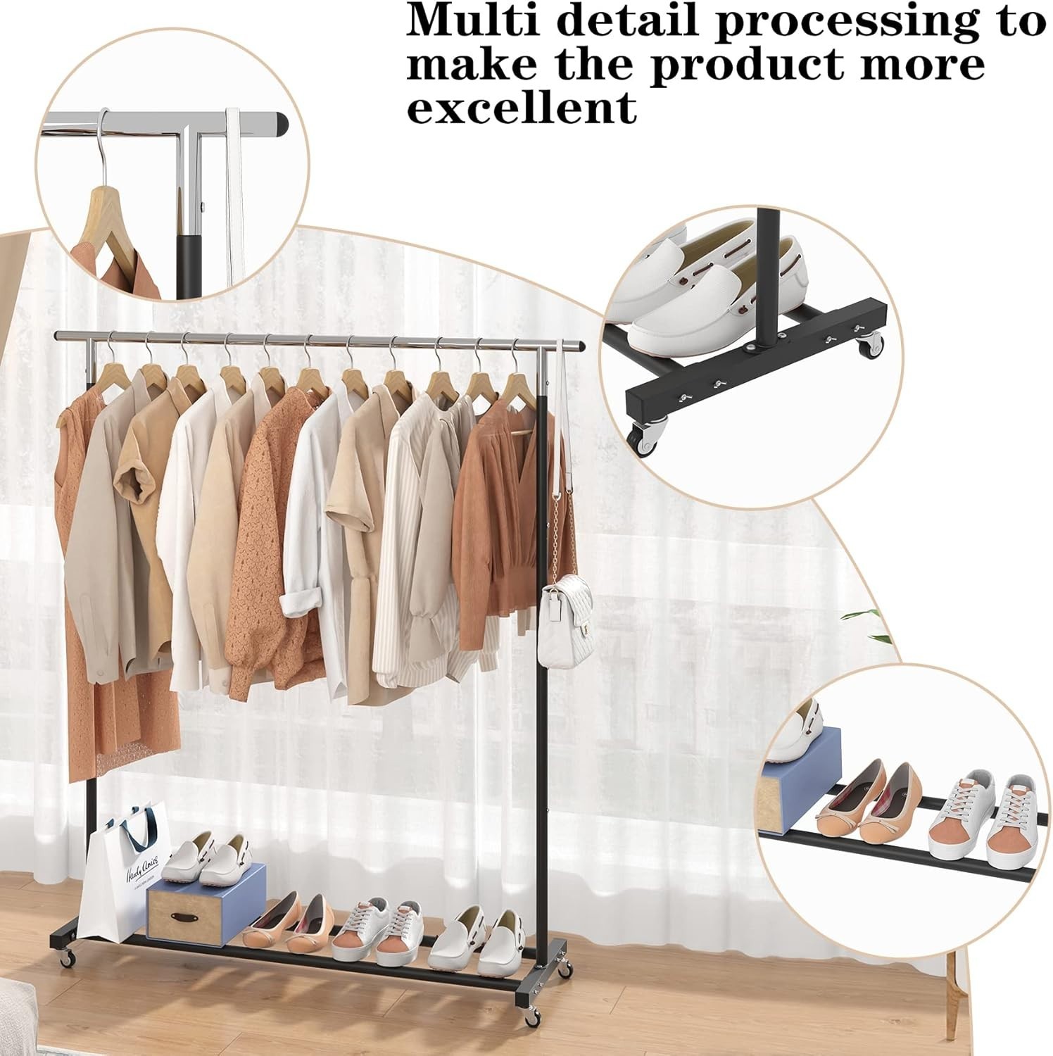 Metal Clothing Rack Adjustable Freestanding Garment Organizer with Wheels Black