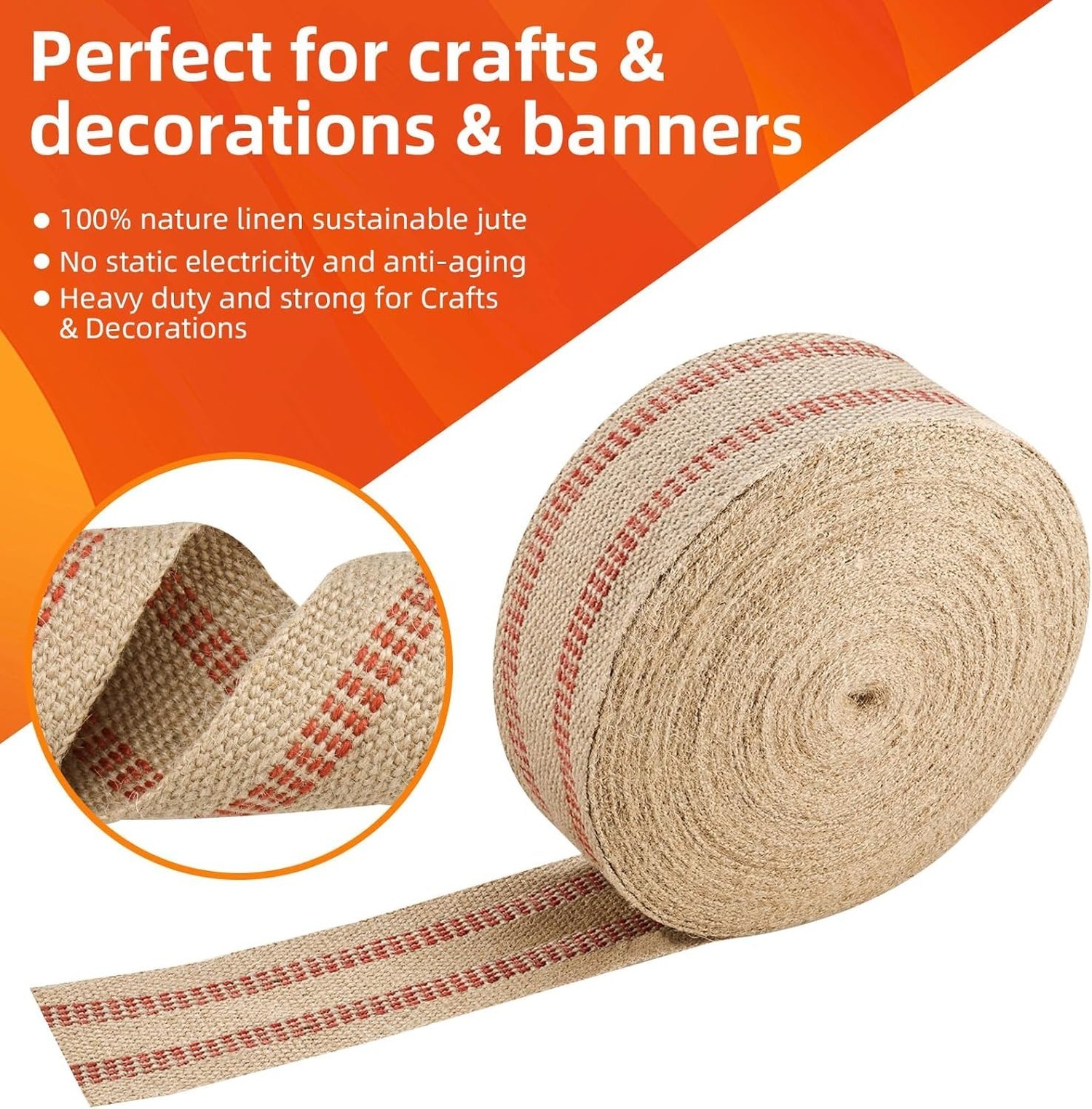 YaeCCC Craft Jute Webbing Tape, 20 Yards Width 3.5″ Roll Natural Burlap Red L…