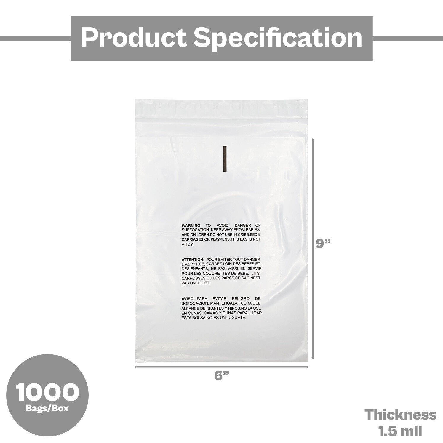1000 Pcs 6″ x 9″ Resealable Suffocation Warning Bags – 1.5 Mil – Clear