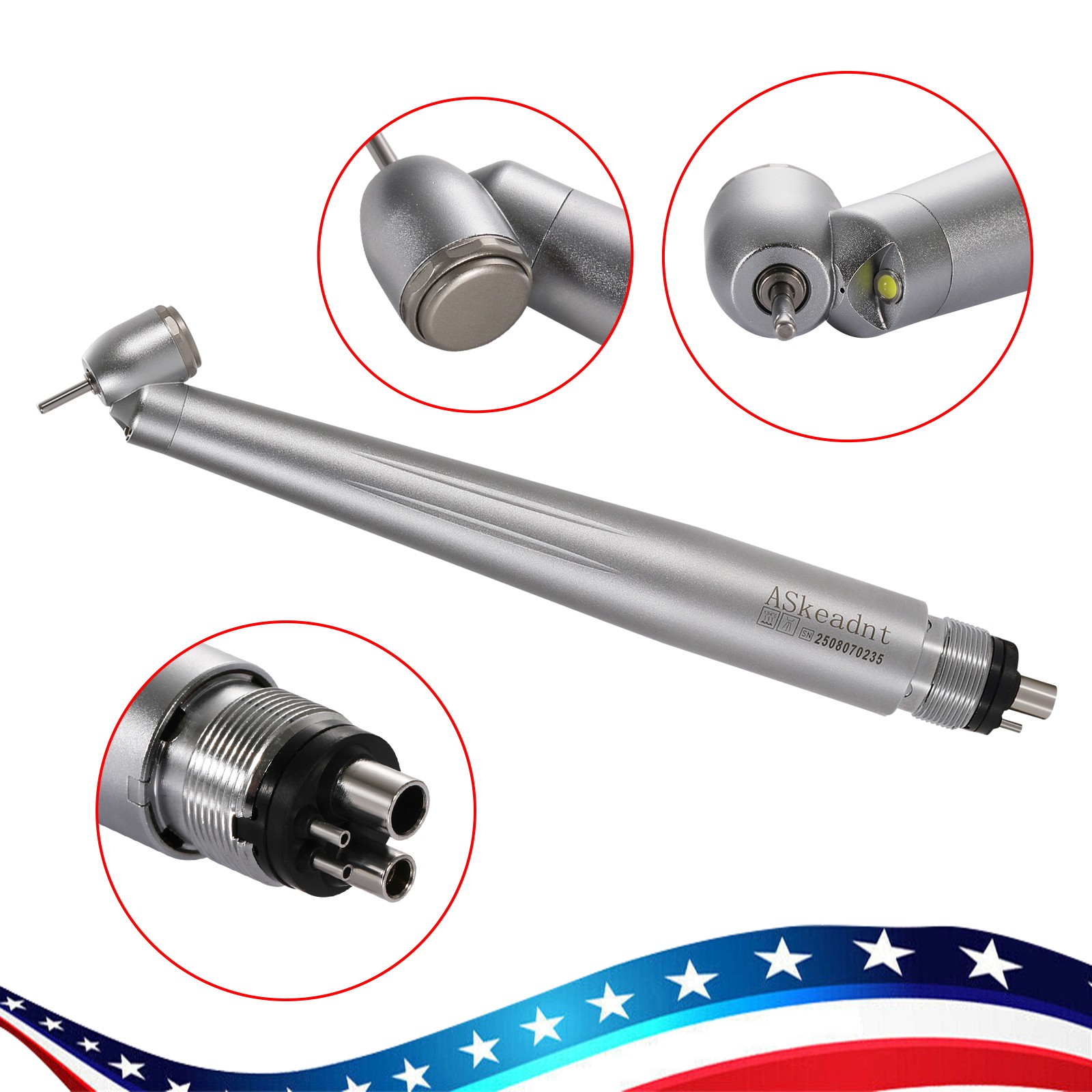 ASKEADNT Dental Surgical Handpiece 45 Degree High Speed 4 Hole LED