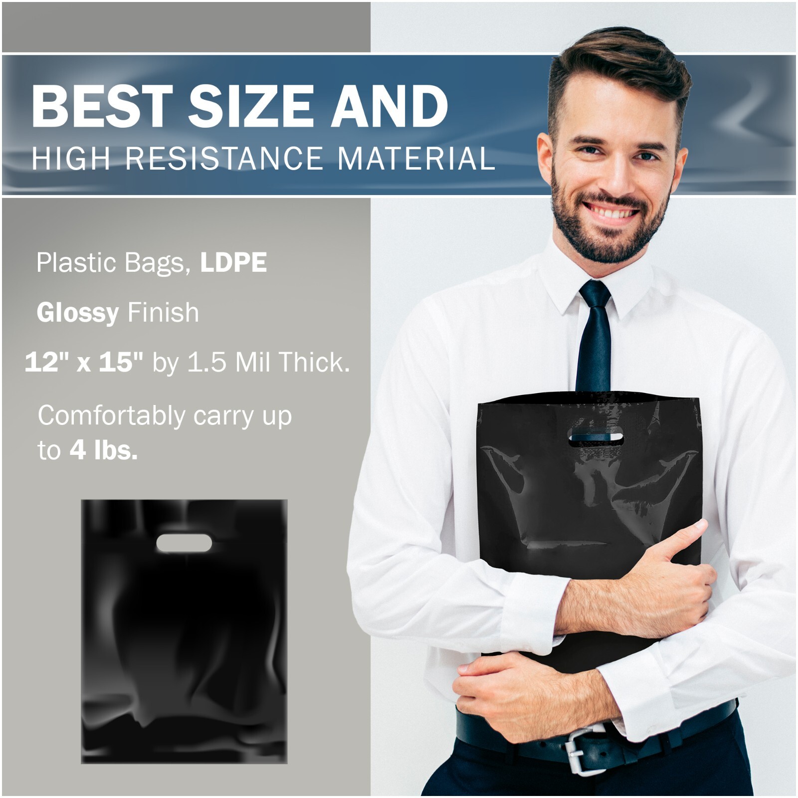 100 Pack 12″ x 15″ with 1.5 mil Thick – Black Merchandise Plastic Shopping Bags