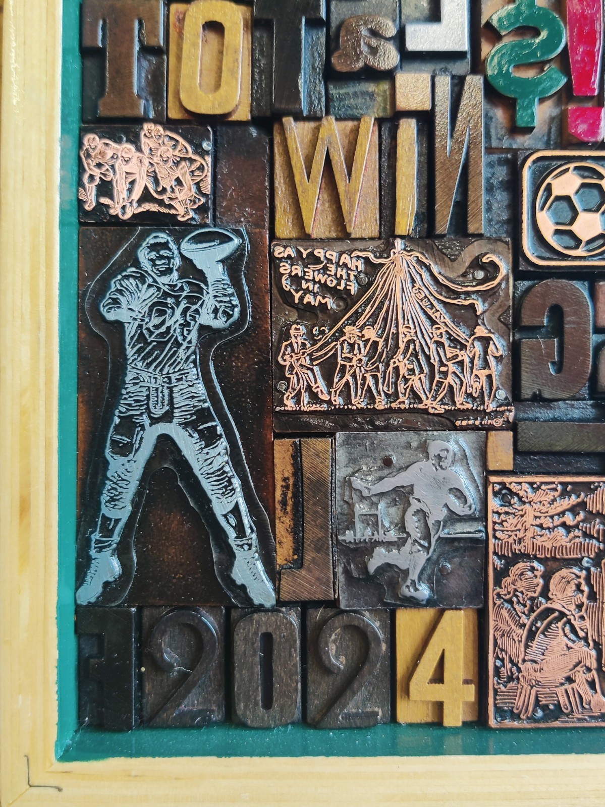 Sports Themed Vintage Letter Press Print Block Collage In Wood Frame