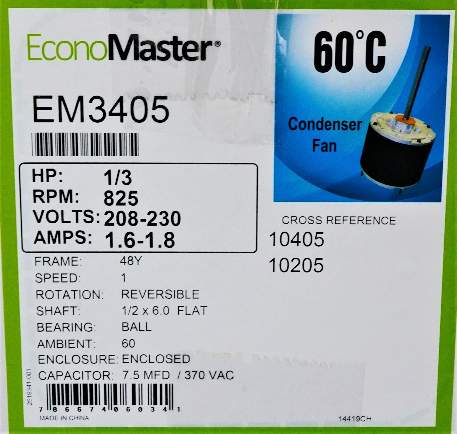 Air Conditioner Condenser Fan Motor 1/3 HP 230 Volts 825 RPM EM-3405