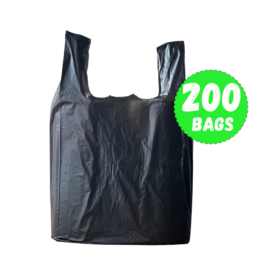 T-Shirt Plastic Grocery Shopping Bags 1/6 Large 21 x 6.5 x11.5 BLACK (50-200 ct)