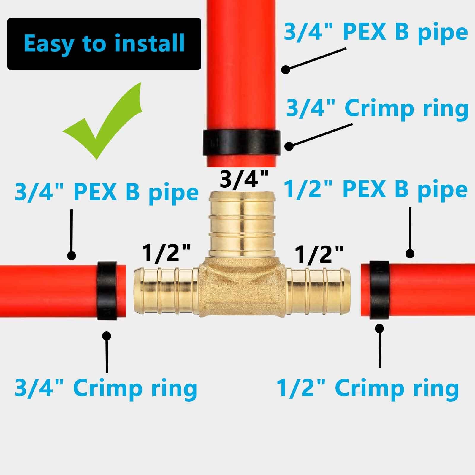 10 Pack Brass PEX Reducing Tee 1/2″ to 3/4″ PEX F1807 Tee Fitting
